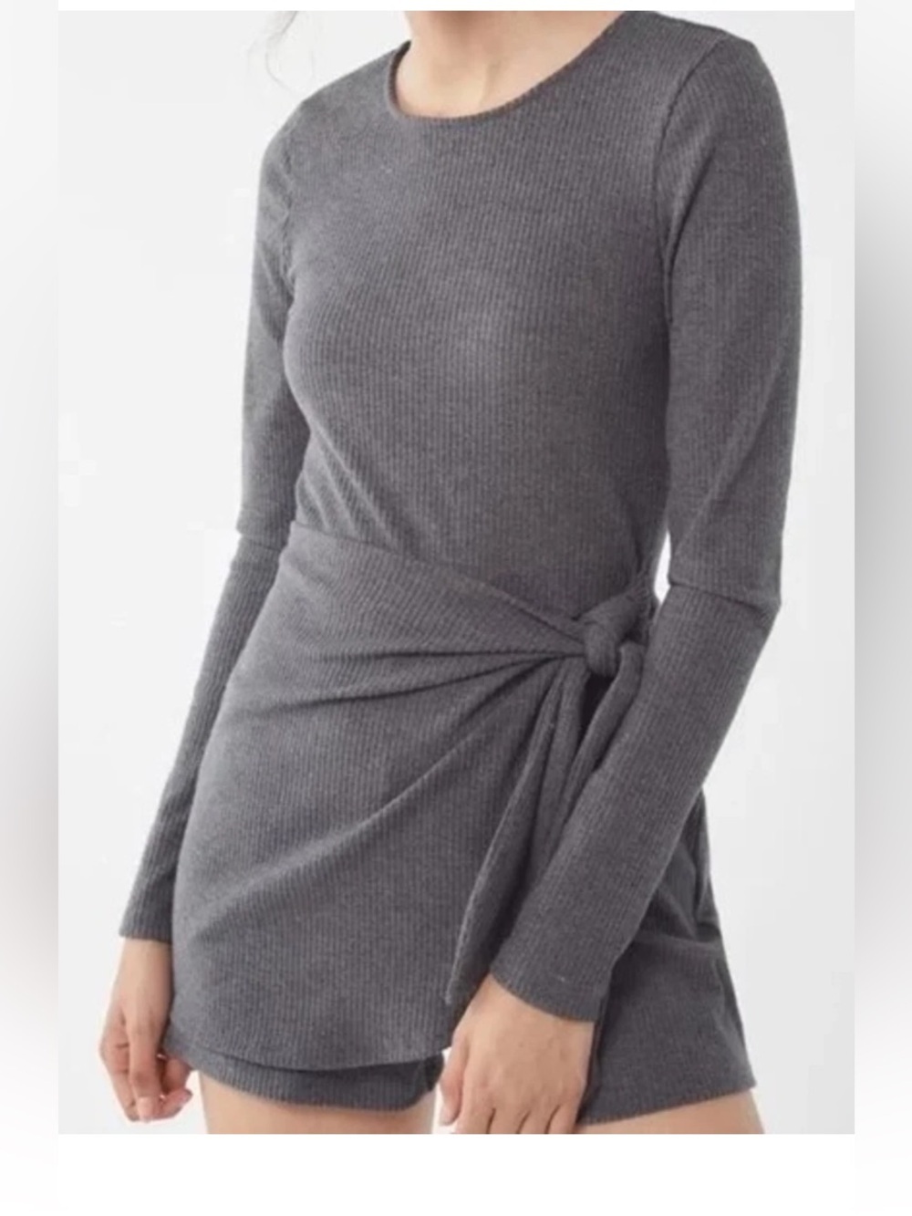 Urban Outfitters Charcoal Tie-Waist Ribbed Long-Sleeve Dress
